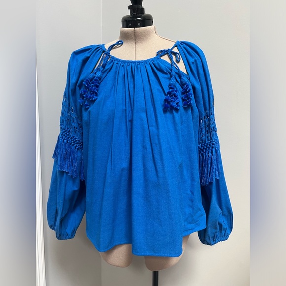 NWT Ulla Johnson Royal Blue Linen Top Blouse Tassels Stunning Long sleeve 10 - Picture 1 of 8
